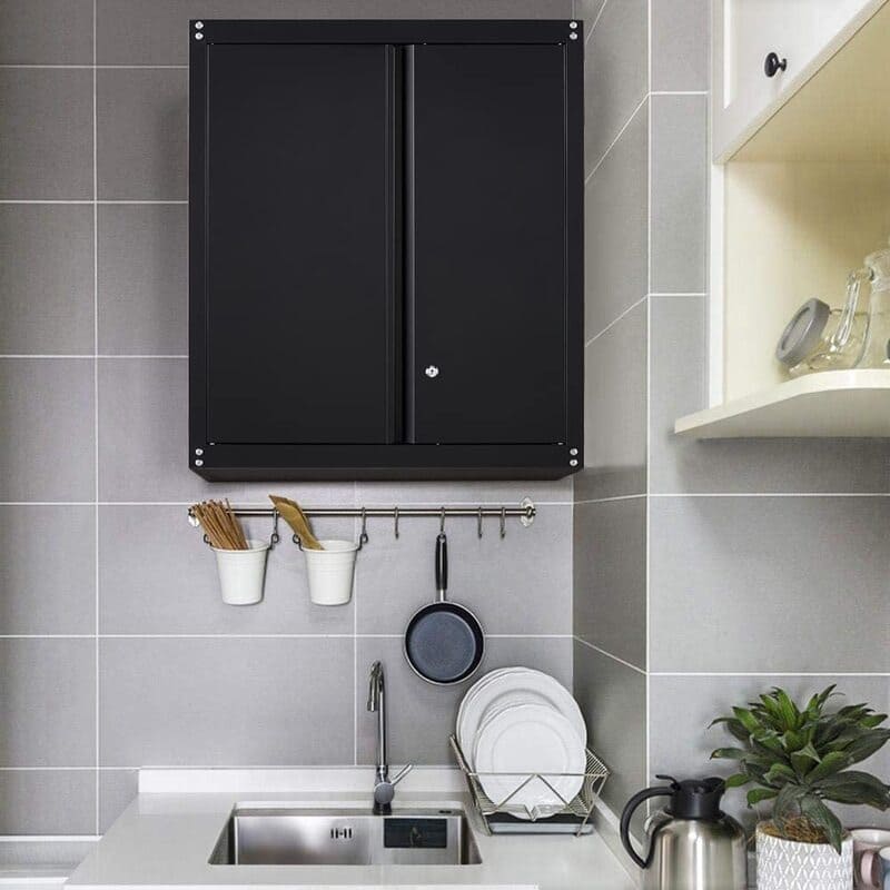 FLEXIMOUNTS Black Metal Wall Storage Cabinet,Garage cabinet with 1 adjustable shelves.