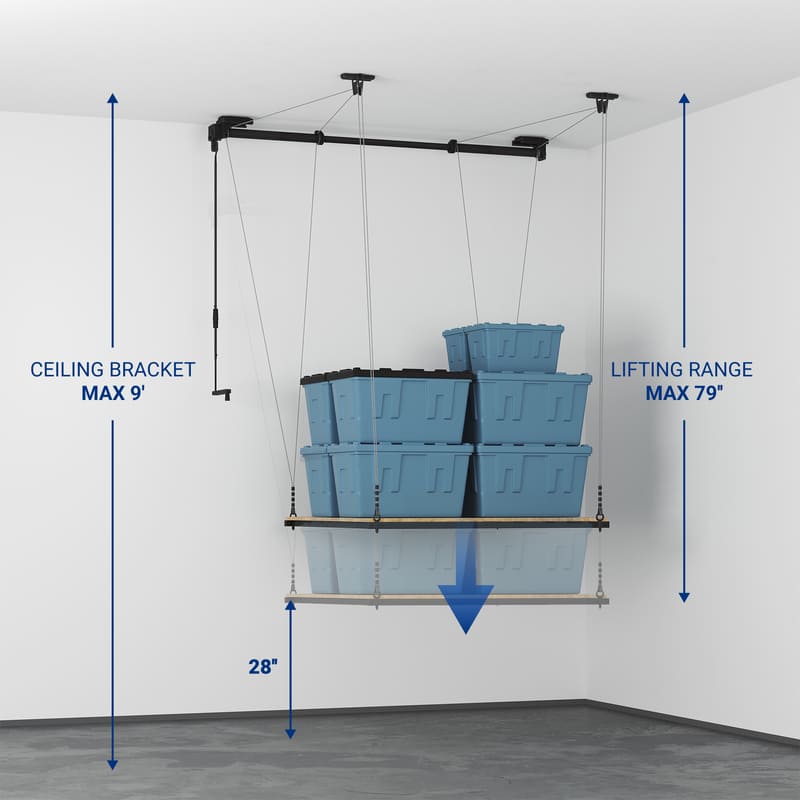 GL2 4x4 FT Garage Ceiling Lifting Storage Rack with Rubberwood Deck, Adjustable Pulley System, 300 lbs Capacity