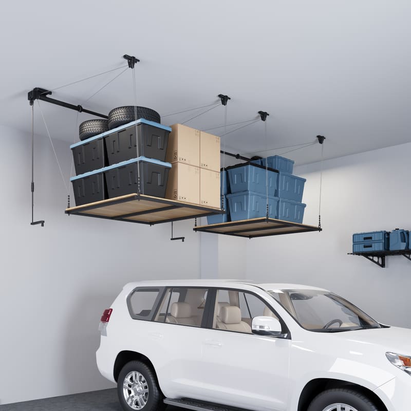 2-Pack GL2 4x4 FT Garage Ceiling Lifting Storage Racks with Rubberwood Deck, 300 lbs Capacity, Hand Crank System