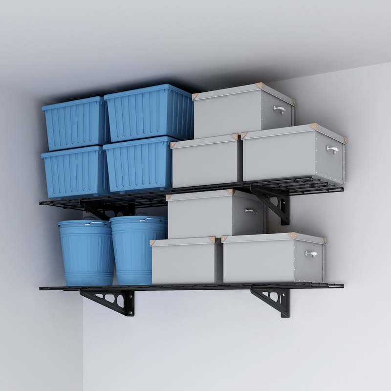 FLEXIMOUNTS 2-Pack 1x4ft 2 tier Wall Shelf, Garage Storage Rack Wall Mounted Floating Shelves, Black