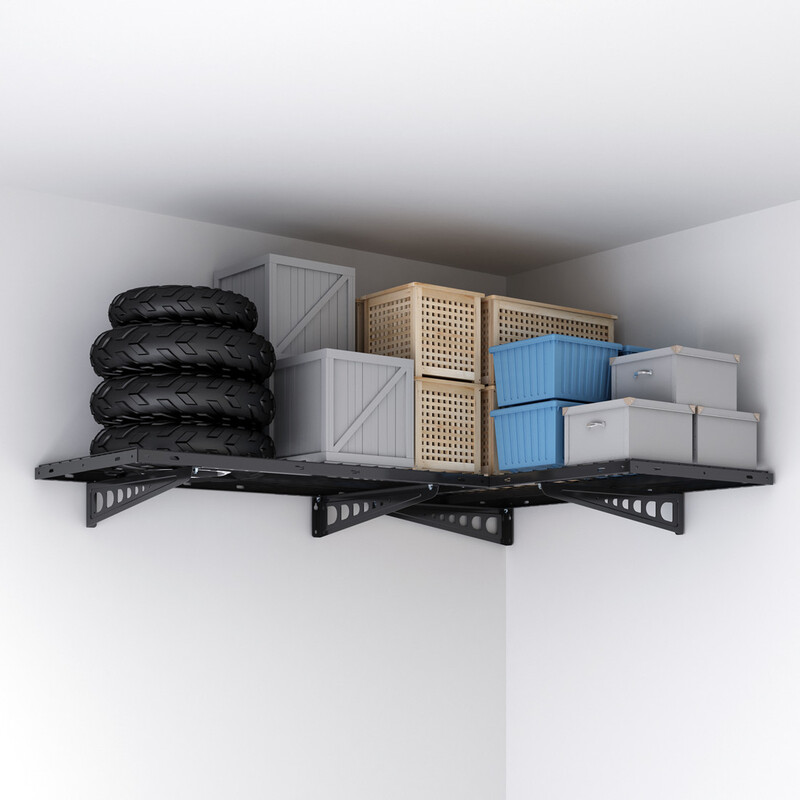 FLEXIMOUNTS 2-Pack 2x4ft Corner Wall Shelving Garage Storage Rack, 24-inch-by-48-inch Floating Shelves, Black