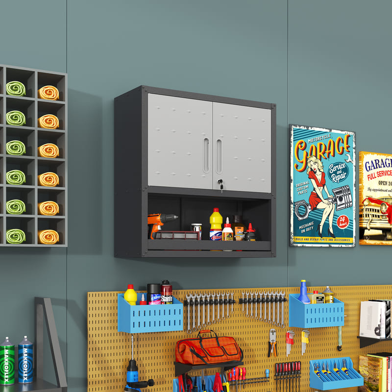 Classic Black & Gray Wall-Mounted Tool Cabinet with Lift-Up Door and Lock, Heavy-Duty Steel Storage