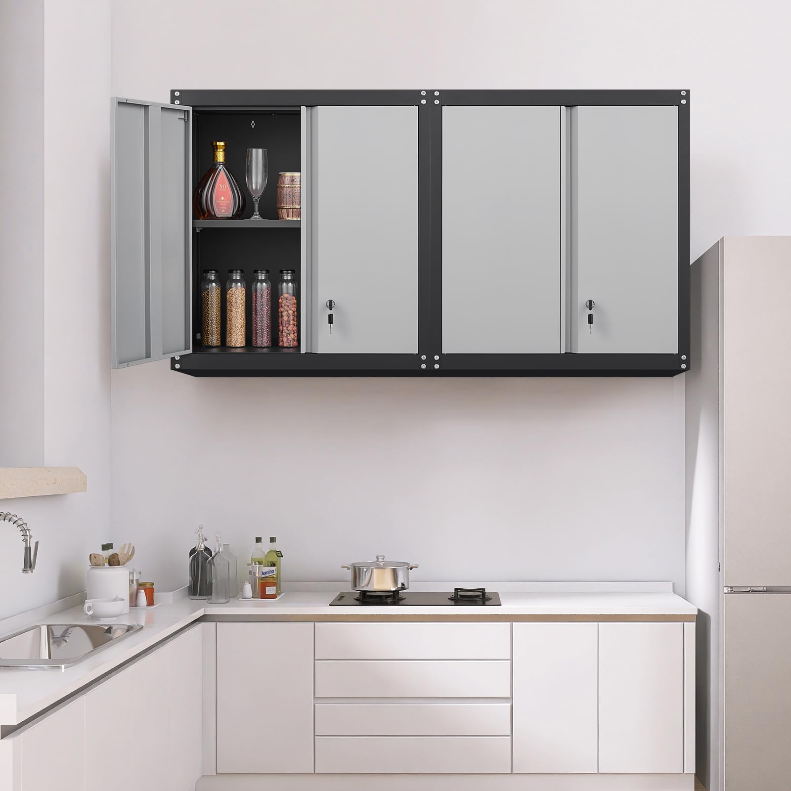 Black & Gray Wall Cabinet ¨C Metal Garage Storage, Adjustable Shelf, 13.78"D x 25.98"W x 27.95"H