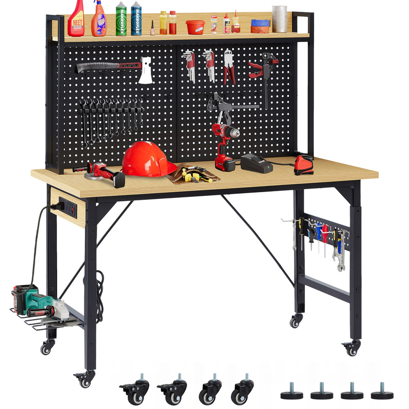 FLEXIMOUNTS Adjustable Workbench with pegboard, 48'' Heavy Duty Wooden Work Bench with Wheels